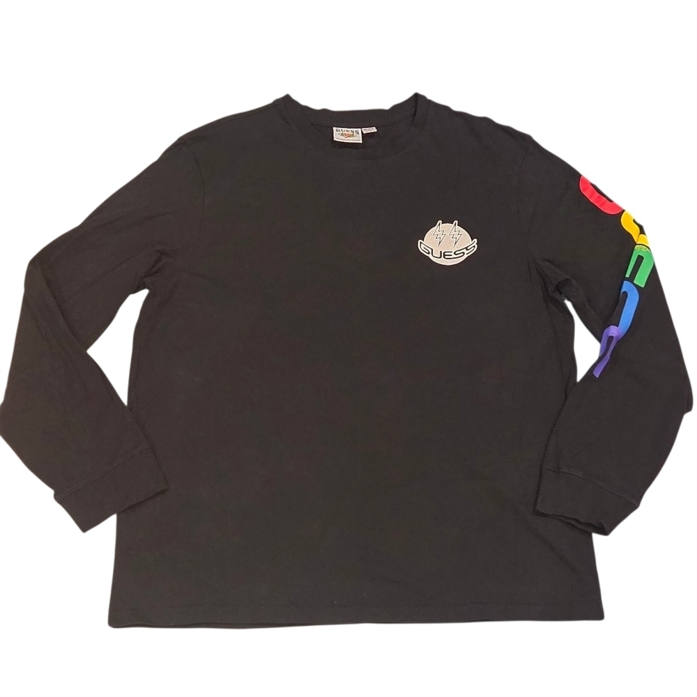 Guess x J. Balvin Collab Men's Long Sleeve Tee with Colorful Logo Sleeve Blk 2XL